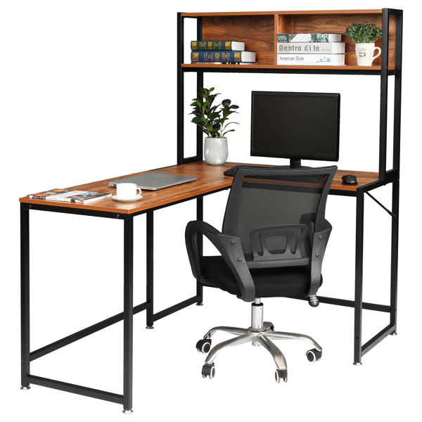 复古色面板 黑色钢架 刨花板贴三胺 L型直角 桌上带搁架层 电脑桌 N001-10