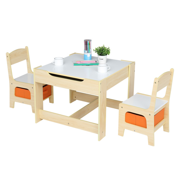 一桌两椅带两个收纳袋 三聚氰胺板 密度板 原木色 儿童桌椅 61.5*61.5*48cm 可收纳 N101-1