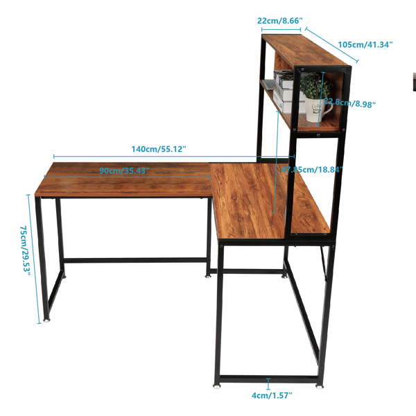 复古色面板 黑色钢架 刨花板贴三胺 L型直角 桌上带搁架层 电脑桌 N001-22