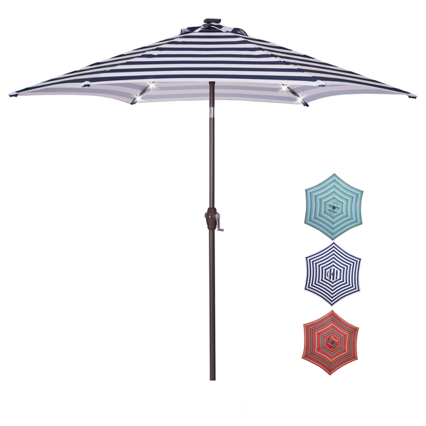 户外天井8.7英尺市场桌子伞带24LED灯，带曲柄和倾斜按钮，蓝白条纹[不包括伞底座] -1