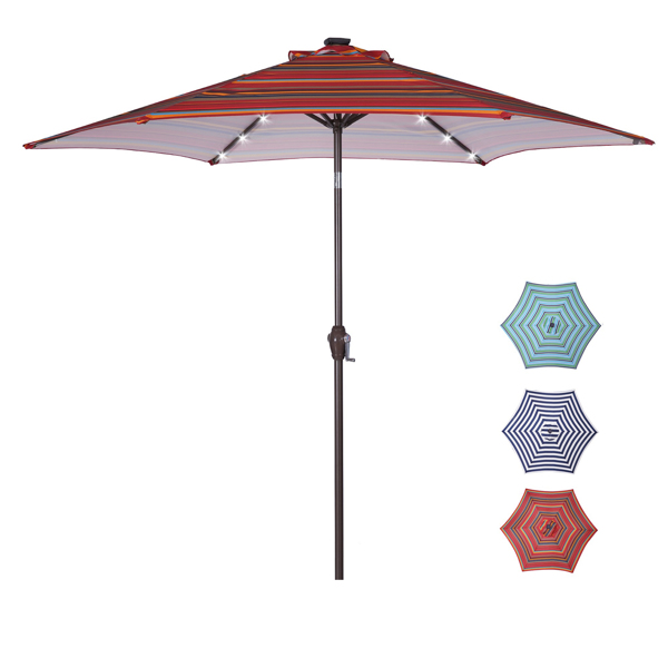 户外天井8.7英尺市场桌子伞带24LED灯，带曲柄和倾斜按钮，红色条纹[不包括伞底座] -1