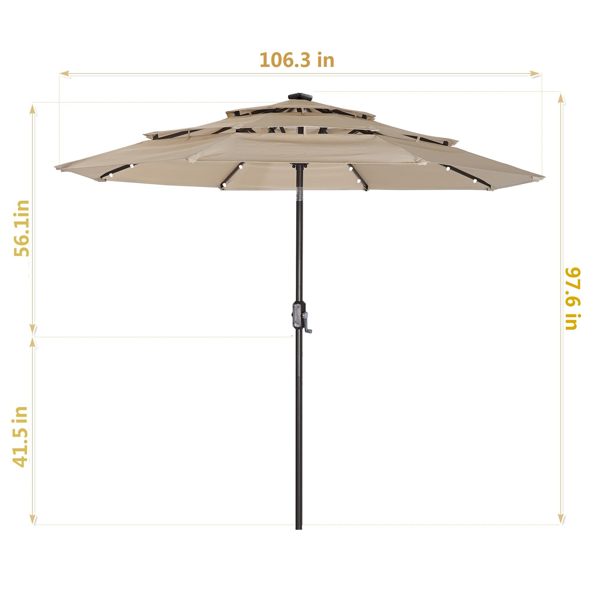 3层8伞骨户外太阳伞遮阳伞天井桌伞带LED太阳能灯，倾斜和曲柄（米色）-6