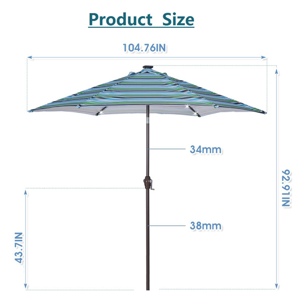 户外天井8.7英尺市场桌子伞带24LED灯，带曲柄和倾斜按钮，蓝色条纹[不包括伞底座] -4