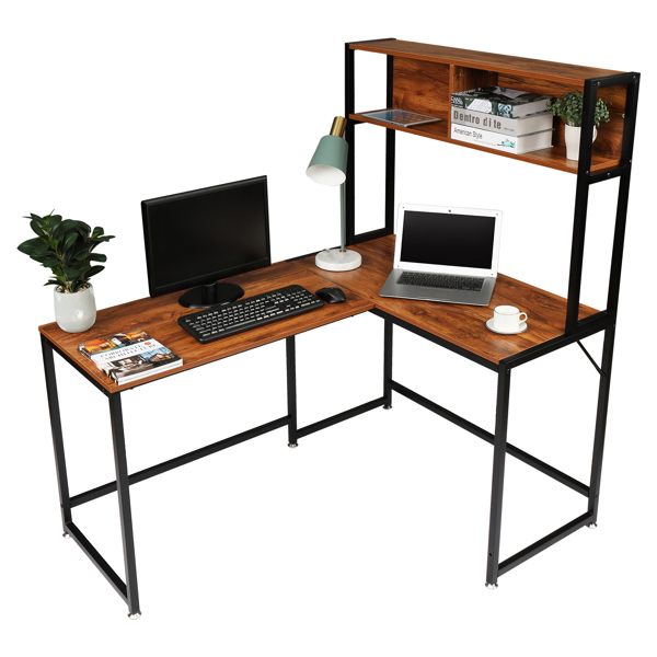 复古色面板 黑色钢架 刨花板贴三胺 L型直角 桌上带搁架层 电脑桌 N001-17