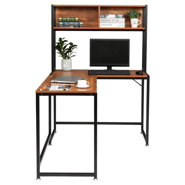 复古色面板 黑色钢架 刨花板贴三胺 L型直角 桌上带搁架层 电脑桌 N001-15