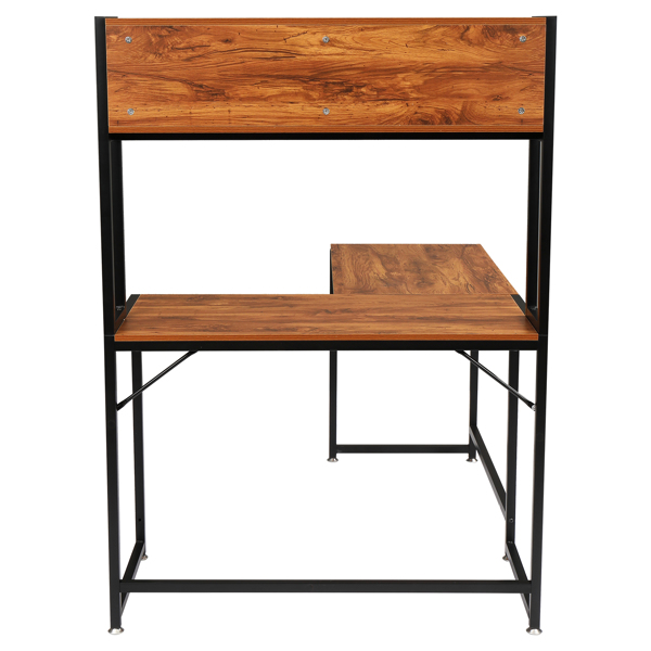 复古色面板 黑色钢架 刨花板贴三胺 L型直角 桌上带搁架层 电脑桌 N001-3