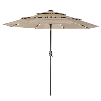 3层8伞骨户外太阳伞遮阳伞天井桌伞带LED太阳能灯，倾斜和曲柄（米色）
