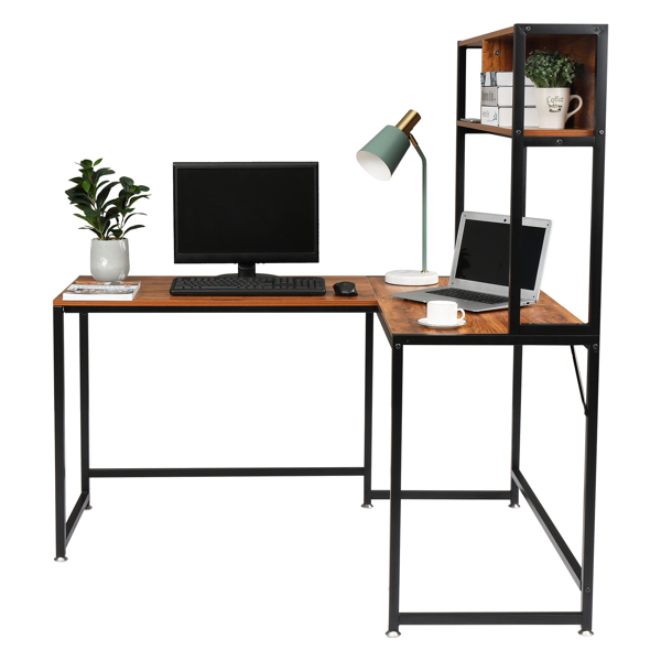 复古色面板 黑色钢架 刨花板贴三胺 L型直角 桌上带搁架层 电脑桌 N001-18