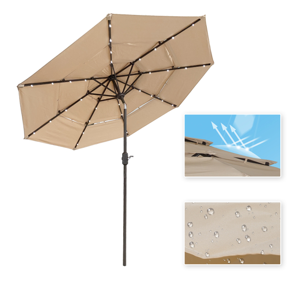 3层8伞骨户外太阳伞遮阳伞天井桌伞带LED太阳能灯，倾斜和曲柄（米色）-4
