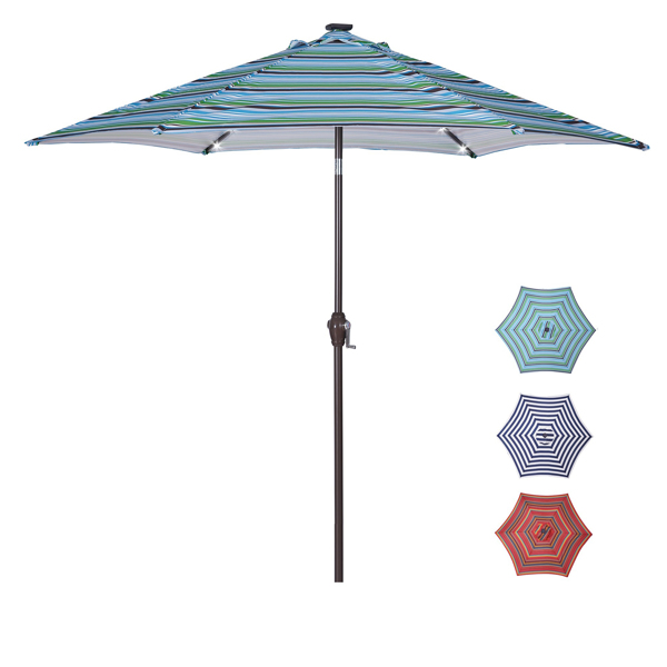户外天井8.7英尺市场桌子伞带24LED灯，带曲柄和倾斜按钮，蓝色条纹[不包括伞底座] -1