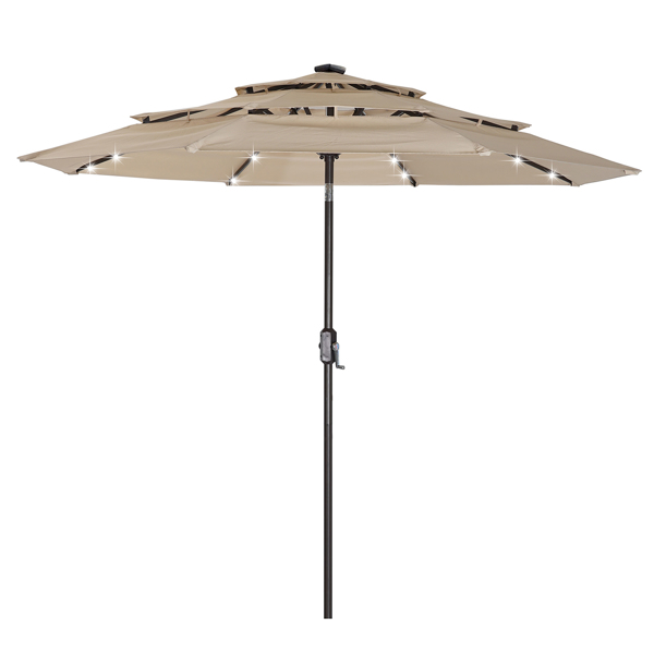 3层8伞骨户外太阳伞遮阳伞天井桌伞带LED太阳能灯，倾斜和曲柄（米色）-1