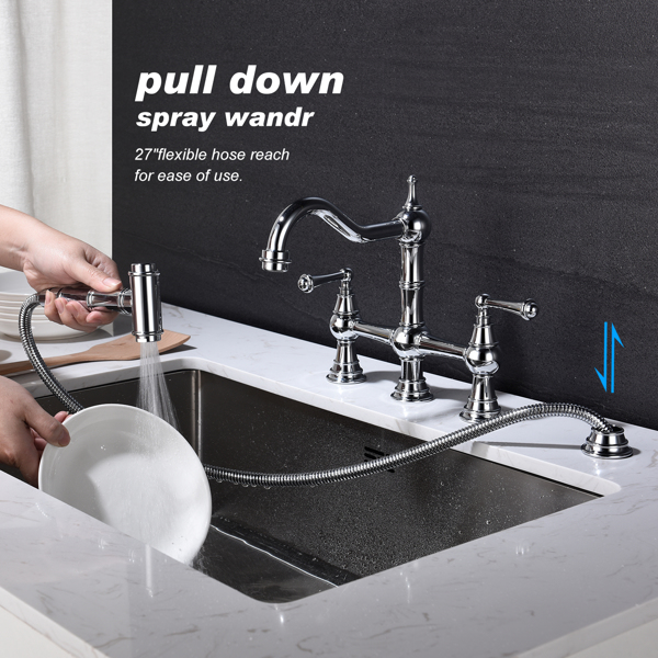Kitchen sink faucet with pull-out side spray, modern and chic bridge shaped double handle rotary nozzle solid basin faucet-4