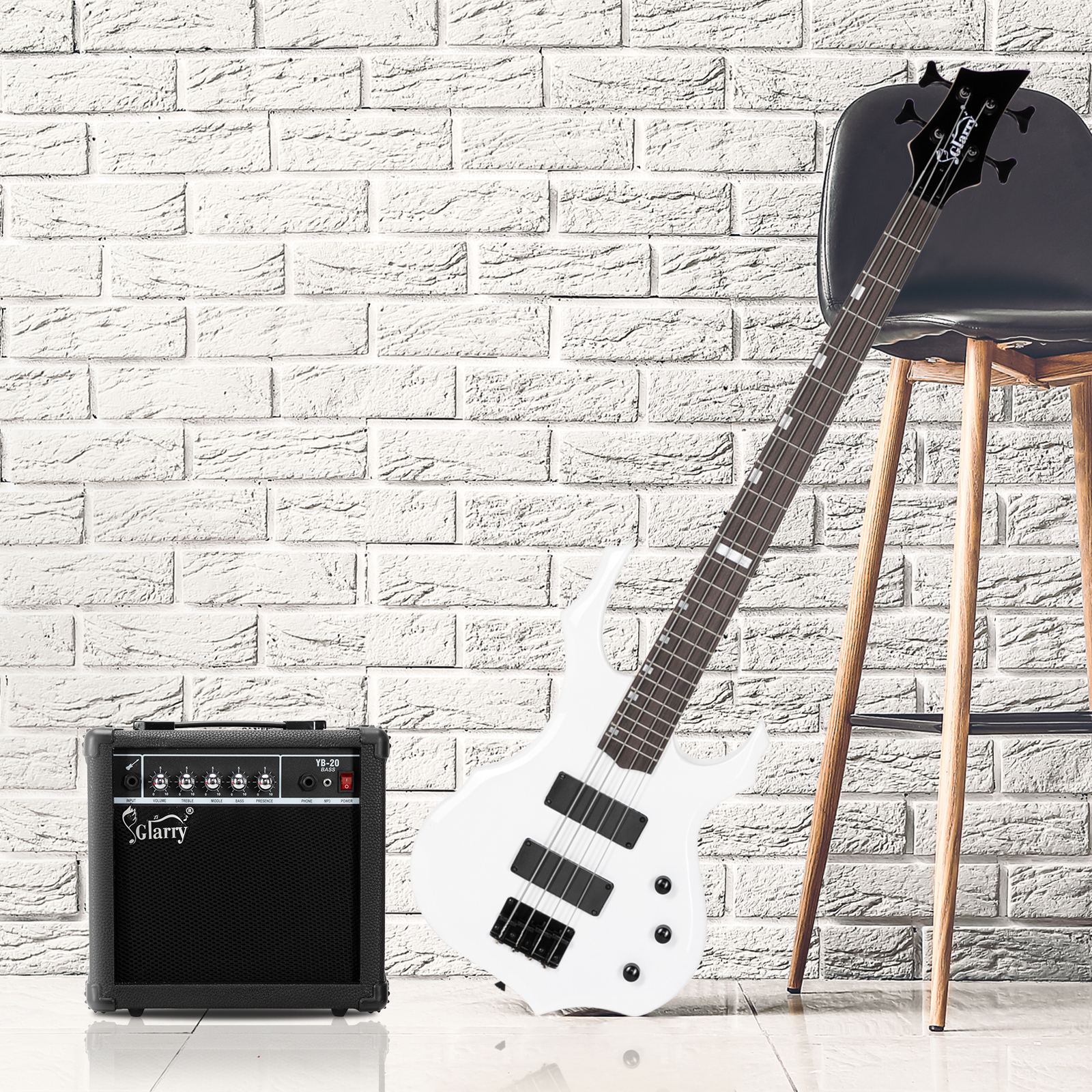 【Do Not Sell on Amazon】Full Size Glarry 4 String Burning Fire enclosed H-H Pickup Electric Bass Guitar with 20W Amplifier Bag Strap Connector Wrench Tool White