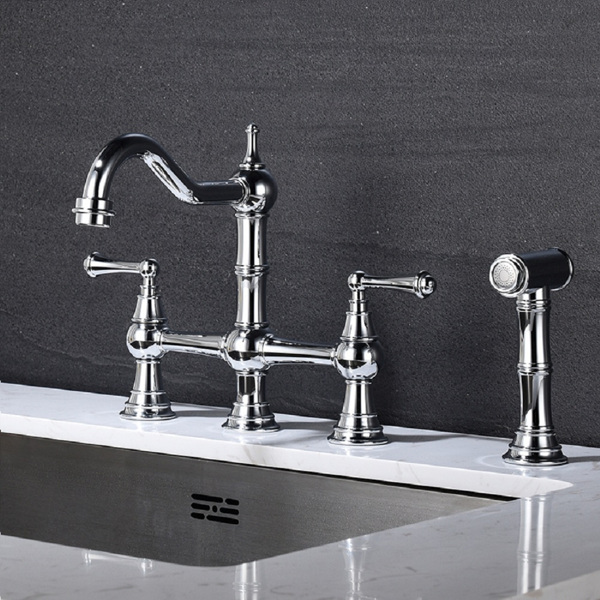 Kitchen sink faucet with pull-out side spray, modern and chic bridge shaped double handle rotary nozzle solid basin faucet-2