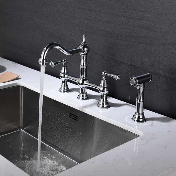 Kitchen sink faucet with pull-out side spray, modern and chic bridge shaped double handle rotary nozzle solid basin faucet-6