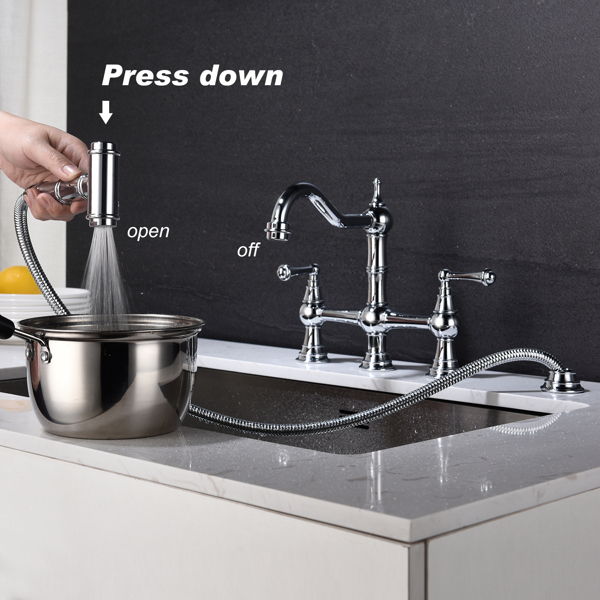 Kitchen sink faucet with pull-out side spray, modern and chic bridge shaped double handle rotary nozzle solid basin faucet-3