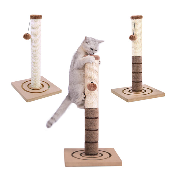 粽色小型猫抓柱带有2种猫娱乐玩具，悬挂毛绒球以及底部可循环追逐的小弹珠，适合小猫-2