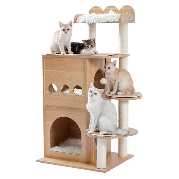 米色独特猫台带有2个豪华猫窝，宽敞的顶部躺窝，剑麻猫抓柱，侧边猫跳跃平台-2