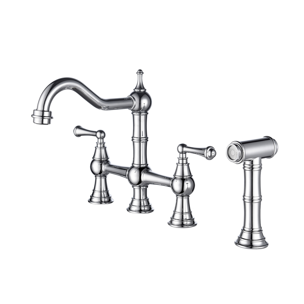 Kitchen sink faucet with pull-out side spray, modern and chic bridge shaped double handle rotary nozzle solid basin faucet-1
