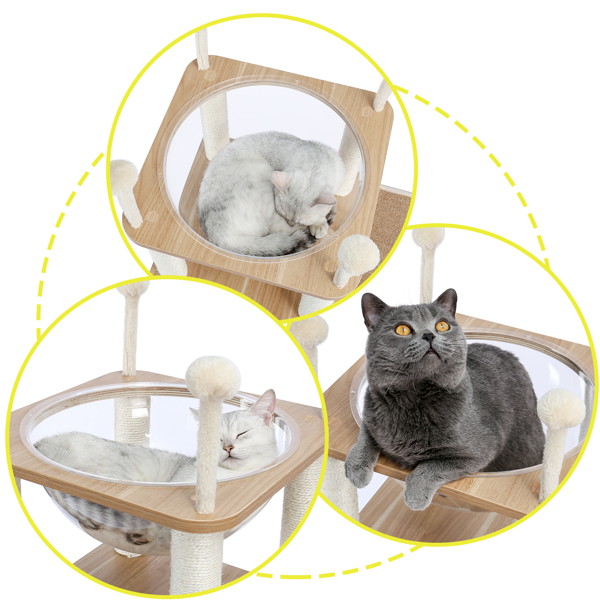 米色豪华猫台带有2个大型猫窝，独特的顶部透明窝，剑麻猫抓柱，侧边猫跳跃平台，适合多只猫锻炼，休息-8
