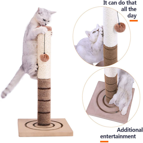 粽色小型猫抓柱带有2种猫娱乐玩具，悬挂毛绒球以及底部可循环追逐的小弹珠，适合小猫-7