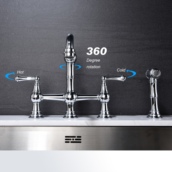 Kitchen sink faucet with pull-out side spray, modern and chic bridge shaped double handle rotary nozzle solid basin faucet-5