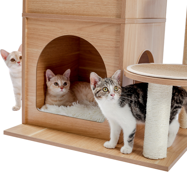 米色独特猫台带有2个豪华猫窝，宽敞的顶部躺窝，剑麻猫抓柱，侧边猫跳跃平台-9