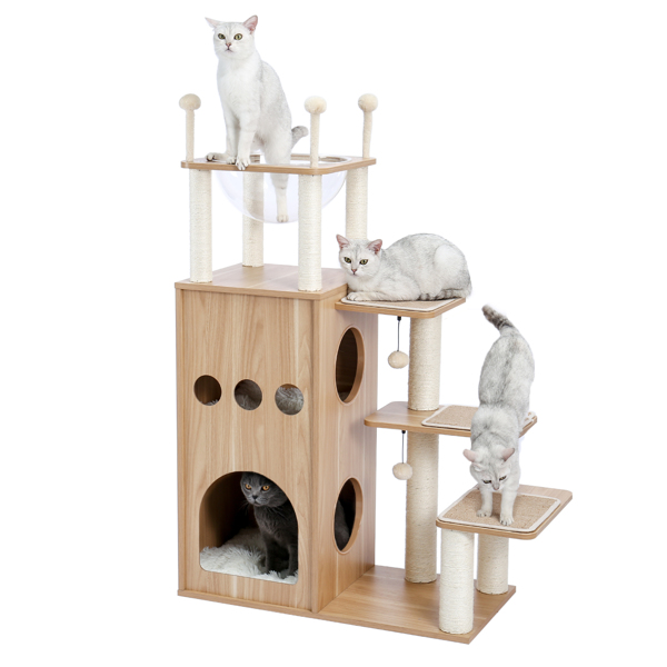 米色豪华猫台带有2个大型猫窝，独特的顶部透明窝，剑麻猫抓柱，侧边猫跳跃平台，适合多只猫锻炼，休息-2