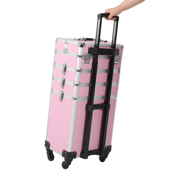 四合一化妆箱 平纹 带4个轮子 铝制边框 粉色-16