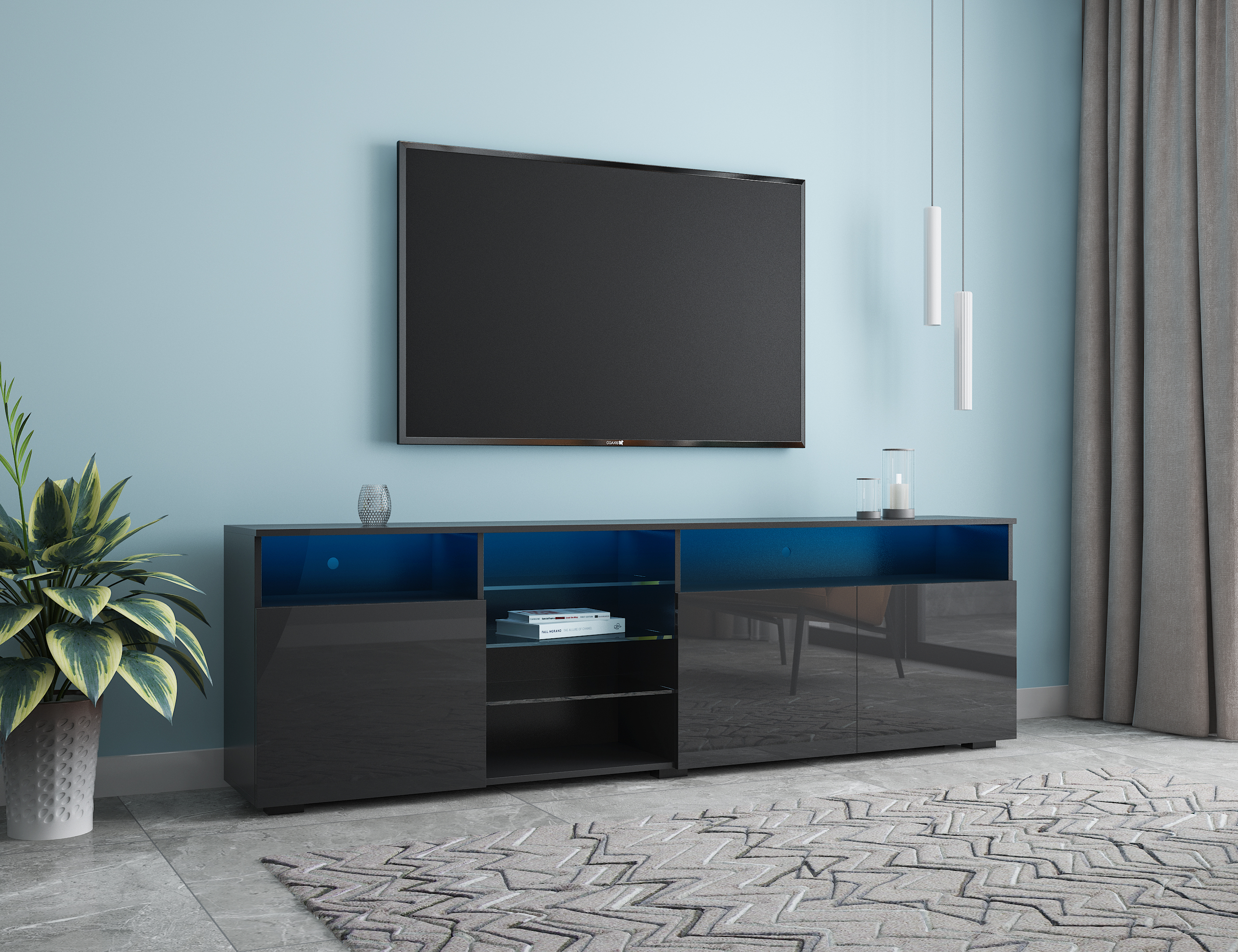 FURNITURE & TV Stand Matte Body High Gloss Doors Modern TV Stand LED,Black