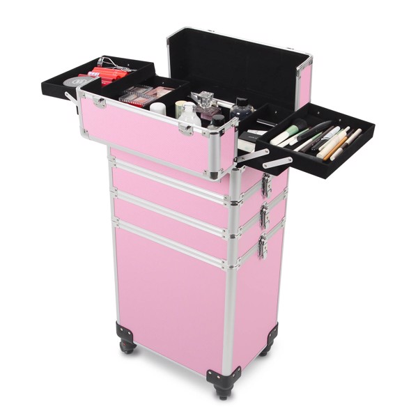 四合一化妆箱 平纹 带4个轮子 铝制边框 粉色-8