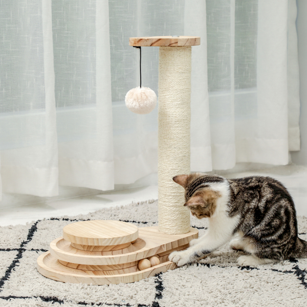 小巧的米色木质猫转盘带有猫抓柱，吊球，猫互动木质小球玩具-3