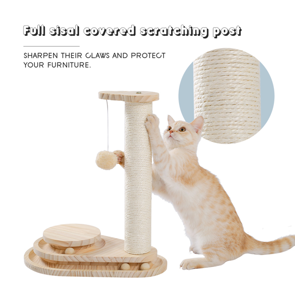 小巧的米色木质猫转盘带有猫抓柱，吊球，猫互动木质小球玩具-6