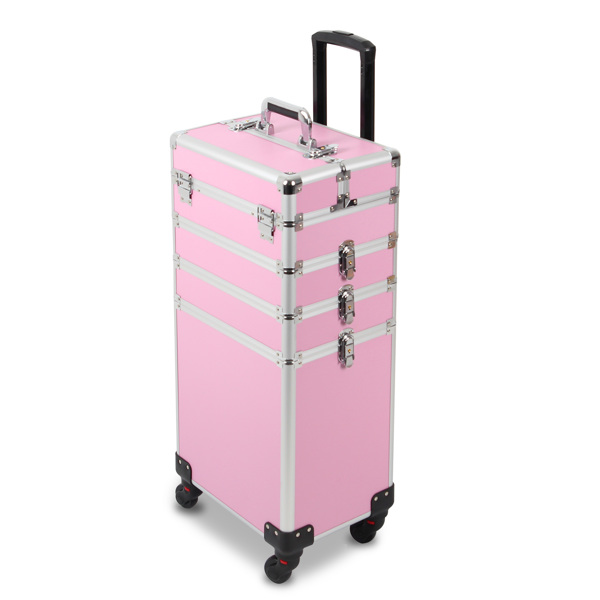 四合一化妆箱 平纹 带4个轮子 铝制边框 粉色-5