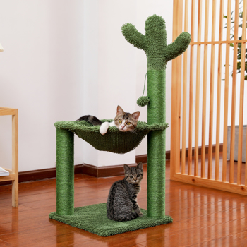 绿色仙人掌猫台带有猫抓柱，吊床和吊球，猫互动玩具适合中大型猫