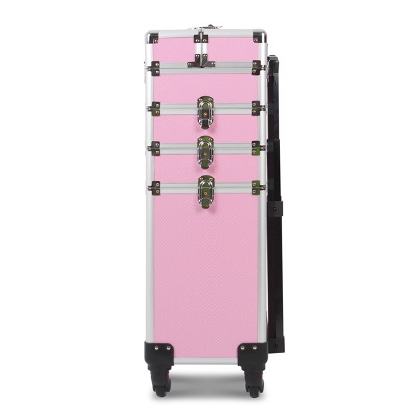 四合一化妆箱 平纹 带4个轮子 铝制边框 粉色-6