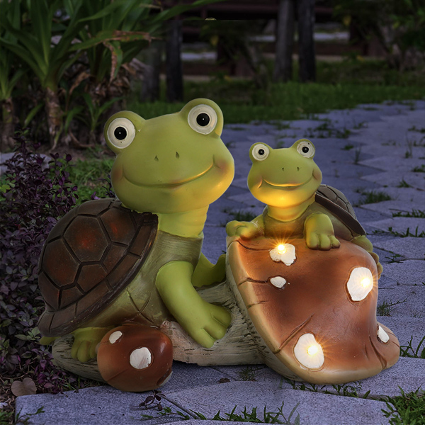 花园雕像可爱的青蛙脸龟小雕像，太阳能树脂动物雕塑，带 3 个用于露台、草坪、花园装饰的 LED 灯【周末无法发货，谨慎下单】-2