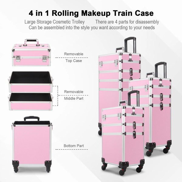四合一化妆箱 平纹 带4个轮子 铝制边框 粉色-20