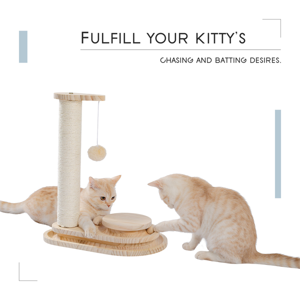 小巧的米色木质猫转盘带有猫抓柱，吊球，猫互动木质小球玩具-5