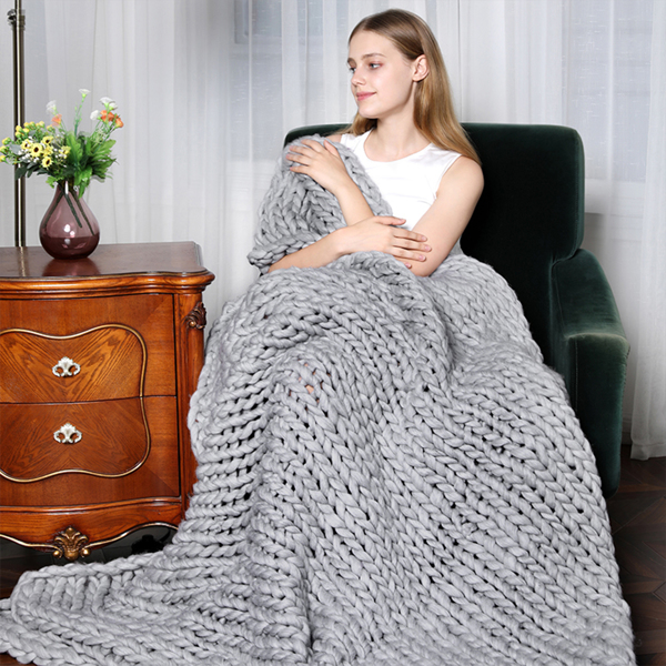2*2米，浅灰色，粗针织毛毯 手工针织 保暖针织毛毯-9