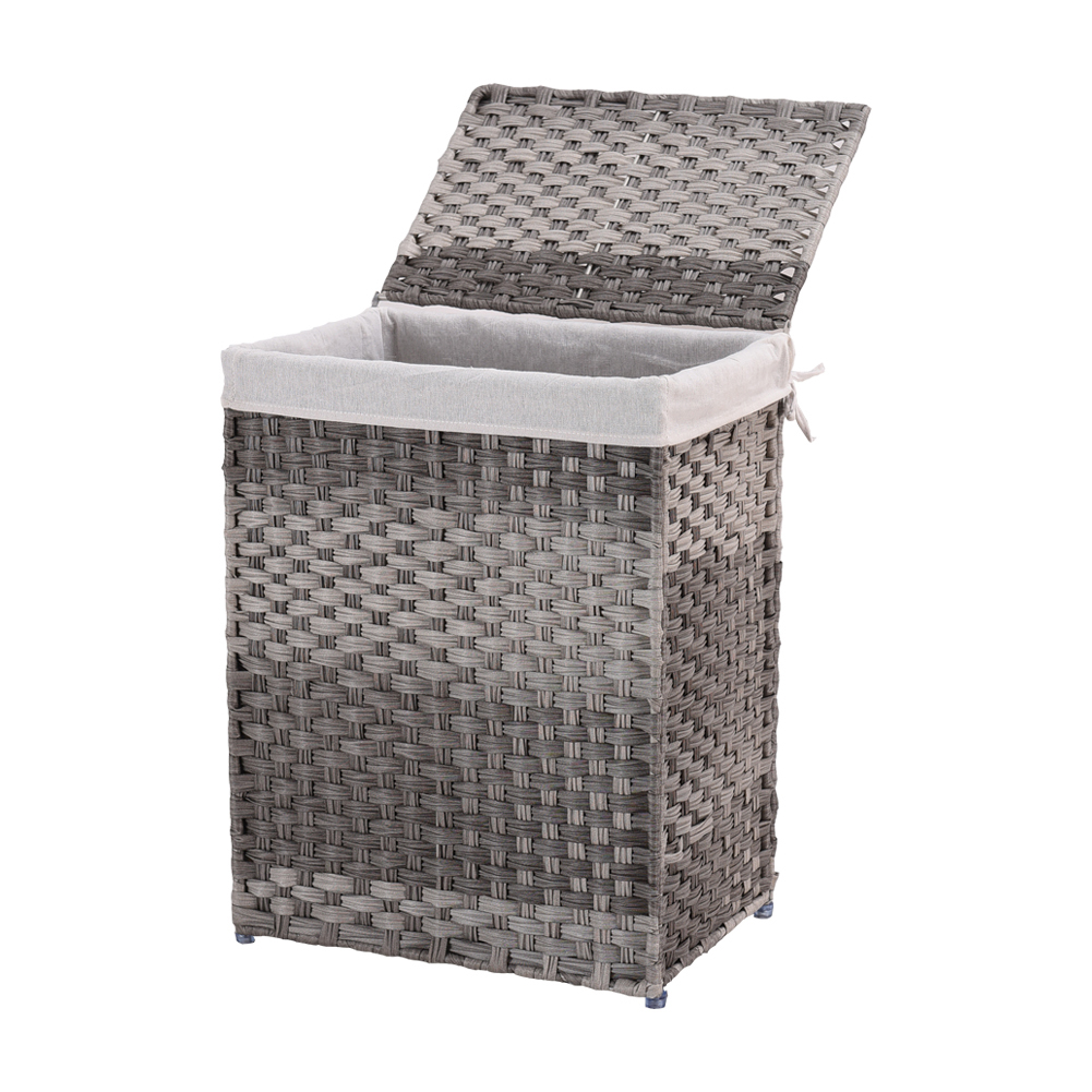 Handwoven Laundry Basket, Wicker Laundry Hamper, Synthetic Rattan Clothes Hamper with Lid and Handles, Foldable, Removable Liner Bag，Grey