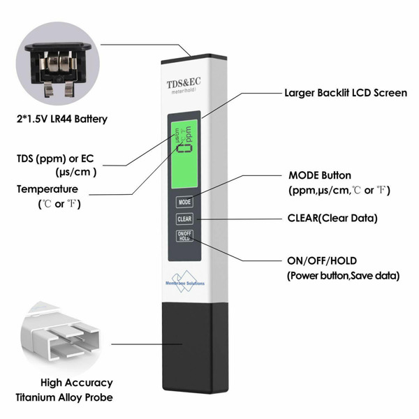 Membrane Solutions 4合1 TDS PPM计数字测试仪家用饮用水水质纯度测试仪BTDS03 亚马逊eBay禁售-3