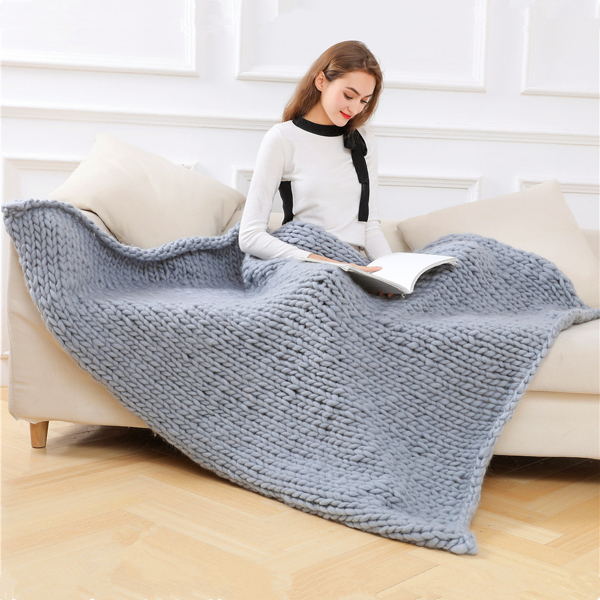 1.3*1.7米，浅灰色，粗针织毛毯 手工针织 保暖针织毛毯-4
