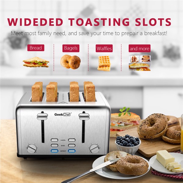 （亚马逊禁售）不锈钢超宽槽烤面包机，带百吉饼/除霜/取消功能双控制面板，银色-8