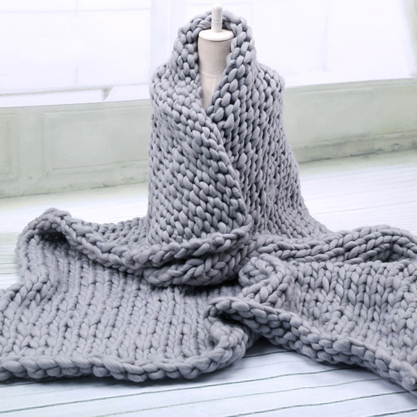 2*2米，浅灰色，粗针织毛毯 手工针织 保暖针织毛毯-5