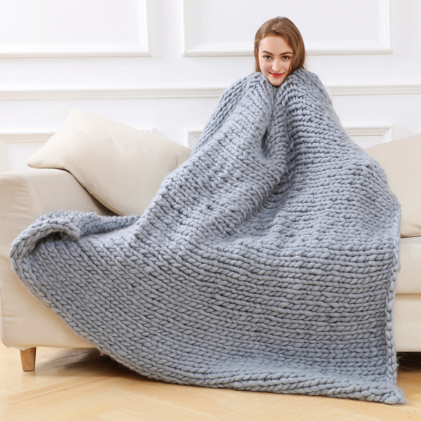 1.5*2米，浅灰色，粗针织毛毯 手工针织 保暖针织毛毯-8