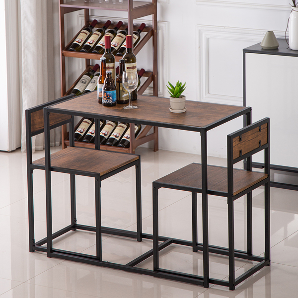 P2密度板 棕榆木色 黑烤漆 餐桌椅套装 1桌2椅 长方形 简约风格 N102-1