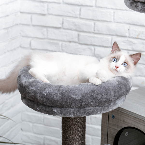 灰色多层猫台带有2个宽敞舒适的猫窝，2个顶部躺窝和吊球，剑麻猫抓柱，适合猫休息，玩耍-6
