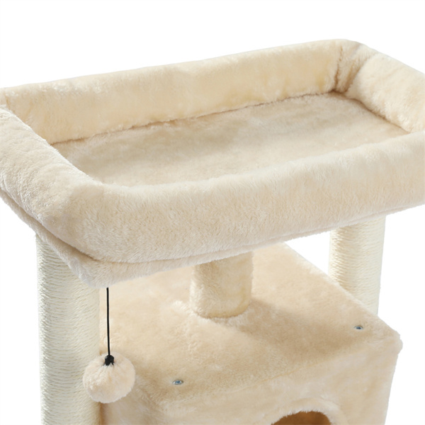米色小型猫台带有温暖舒适的猫窝，宽敞的顶部躺窝，剑麻猫抓柱和毛绒吊球，适合小型猫锻炼，休息-7