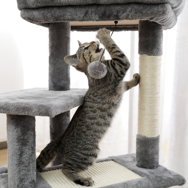 灰色多层猫台带有宽敞猫窝，顶部躺窝和吊床，多层跳跃平台，剑麻猫抓柱和吊球，适合中小型猫锻炼和休息-8